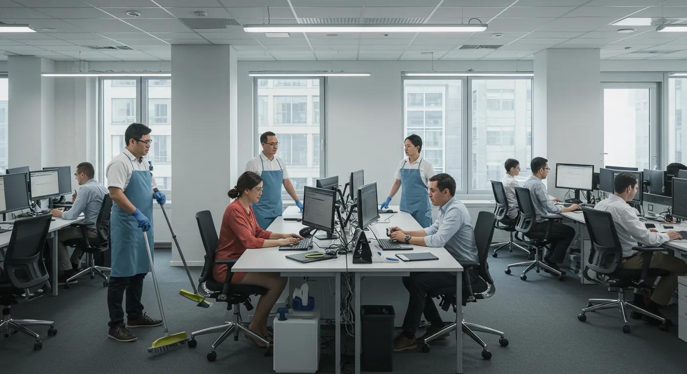 a sleek, modern office space showcases a professional cleaning crew efficiently sanitizing workstations while employees engage in focused tasks, illustrating the seamless integration of scheduled cleaning services and business productivity.