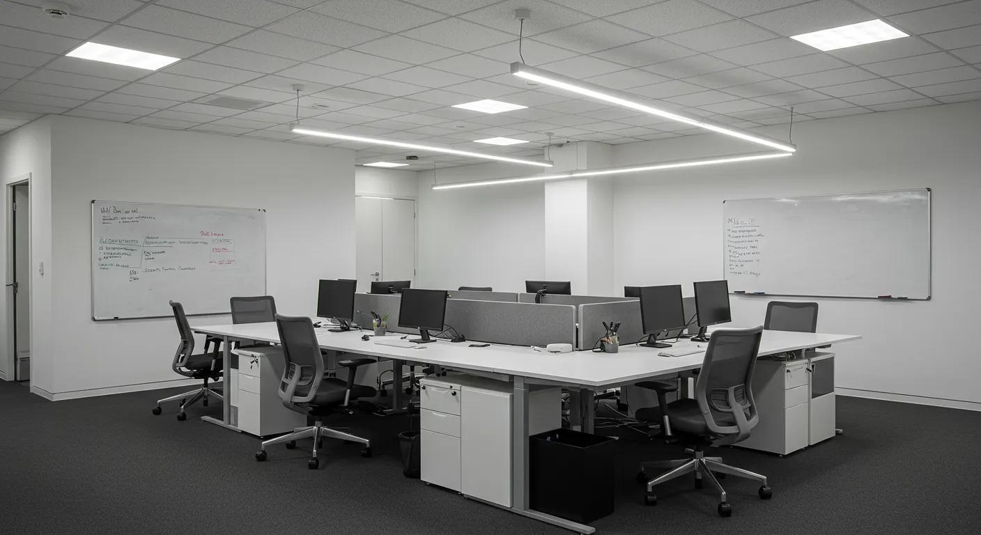 a sleek, modern office space showcases pristine workstations and well-organized meeting rooms, illuminated by bright, even lighting that highlights the importance of consistent upkeep for peak operational performance.
