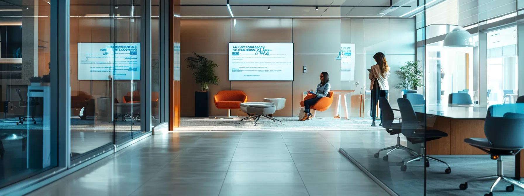 a sleek, modern office interior showcases a professional consultant reviewing compliance documents, surrounded by images of certificates and licenses that emphasize the importance of insurance and bonding in the commercial cleaning industry.