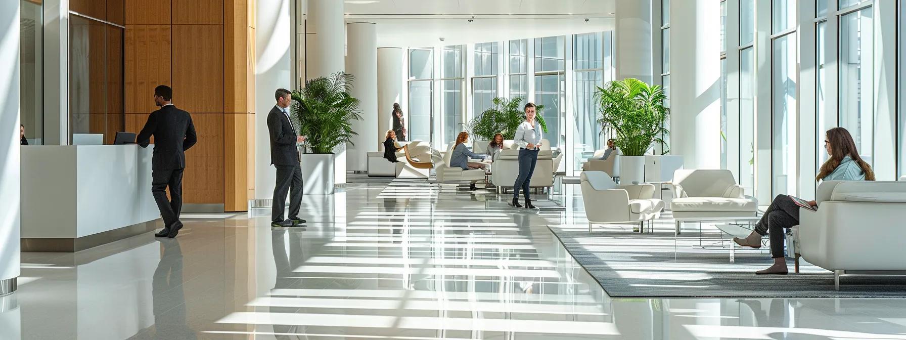 a sleek, modern office space showcases professionals engaging in a discussion, surrounded by pristine surfaces and high-tech cleaning equipment, highlighting the professionalism and reputation of a top-tier commercial cleaning service.