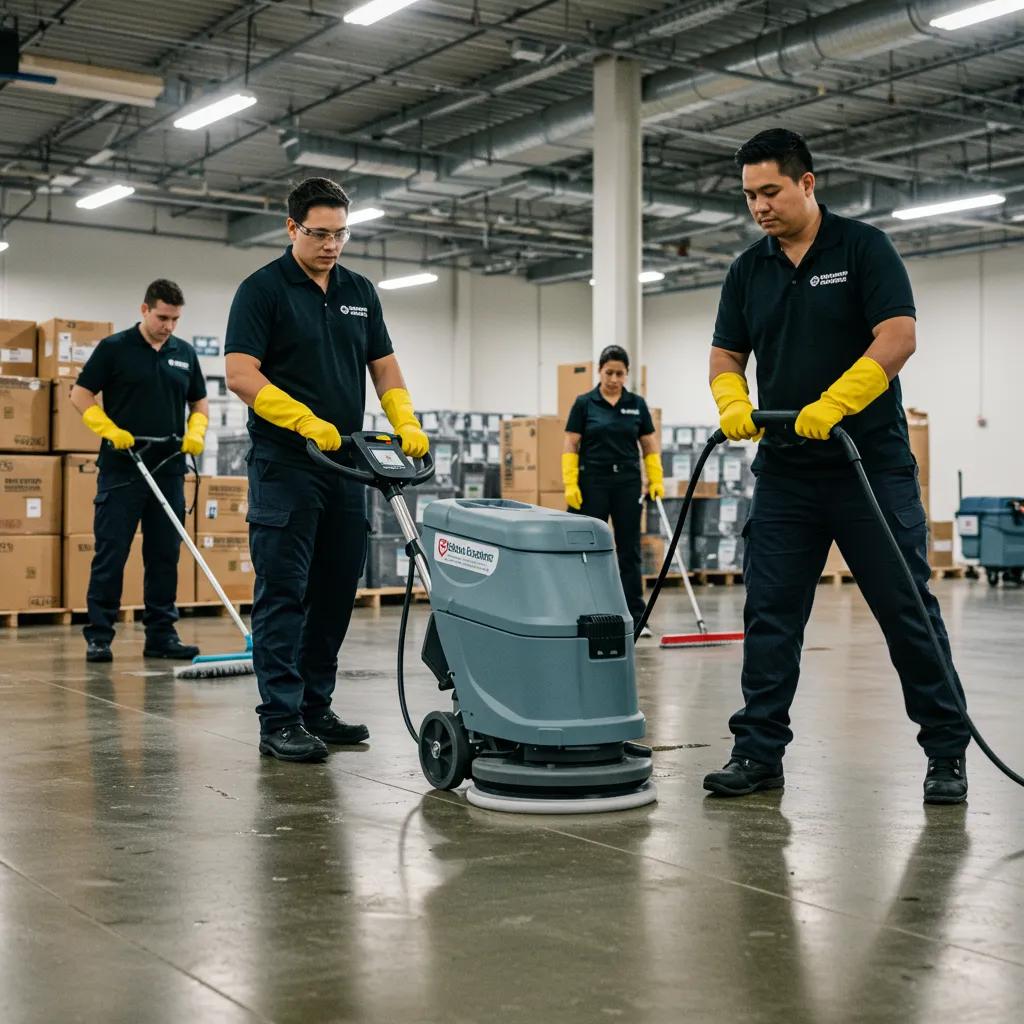 Commercial cleaning team using advanced equipment in a large facility, highlighting specialized cleaning tasks