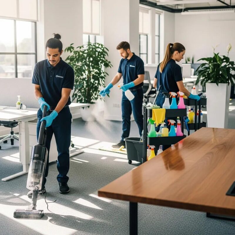 Professional commercial cleaners working in an office, highlighting cleaning services and teamwork